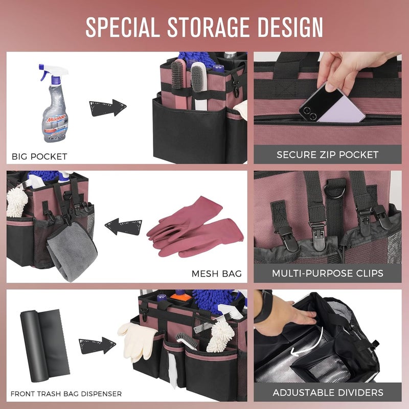 SCAVATA Wearable Cleaning Caddy, Cleaning Caddy Supplies Organizer with Handle & Shoulder Straps for Housekeepers, Under Sink & Car Cleaning Tool Organizers Bag with 4 Foldable Divider (LotusPink) - Image 2